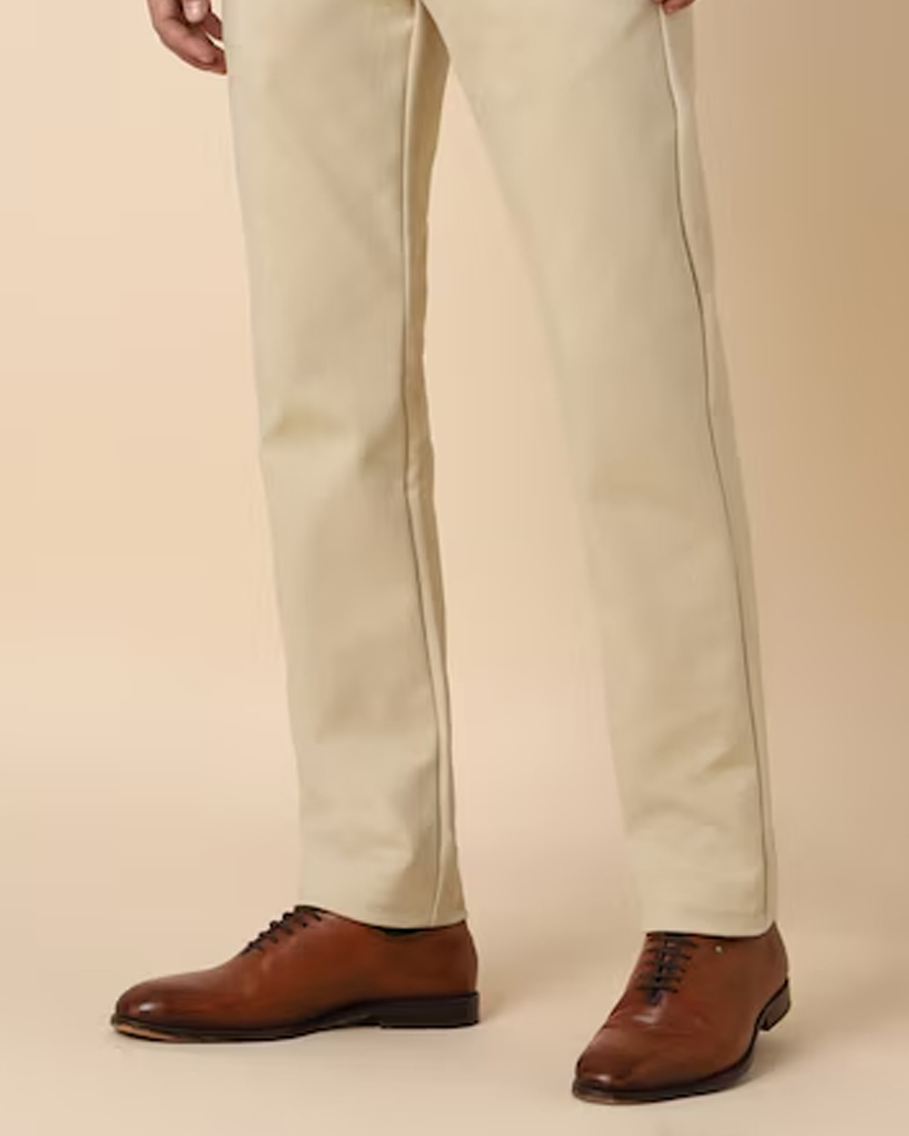 Men Cream Slim Fit Solid Formal Trousers